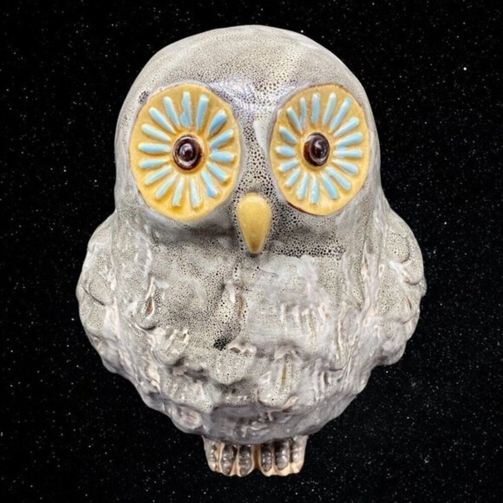 Art Pottery Speckled Grey Owl Big Eyes Blue Orange Owl Figure 8.5”T 6”W
